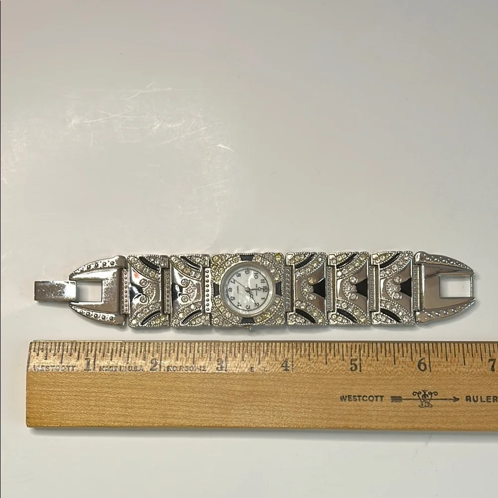 Vintage Dejuno Art Deco silver and black sparkly wide metal quartz watch